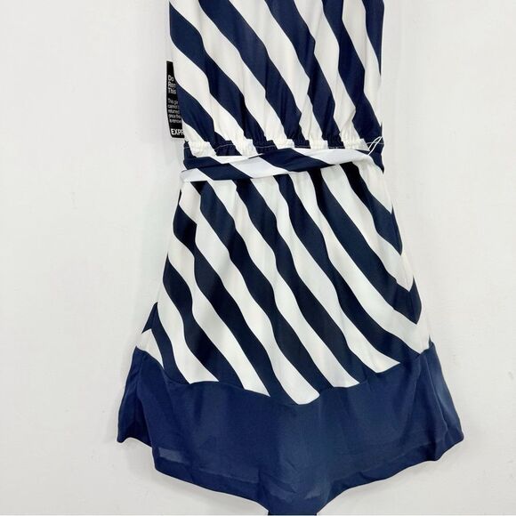 Express Navy Blue Cream Diagonal Stripe Sashed Nautical Coastal Halter Dress NEW - Picture 10 of 16